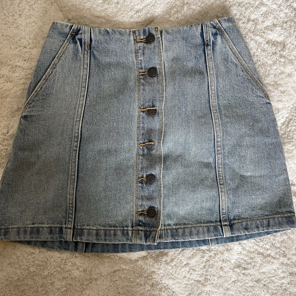 Wilfred free denim light wash mini skirt.